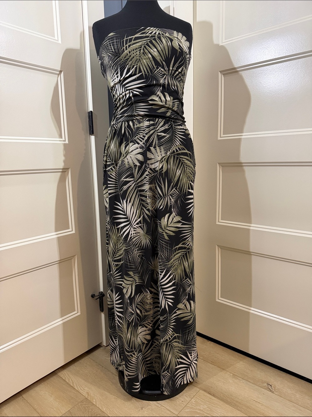 Strapless Palm-Print Maxi Jumpsuit - Black & Olive